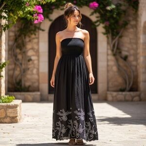 Elan Women’s Smocked Silk Maxi Dress Black/Silver Embroidery Size-L GUC